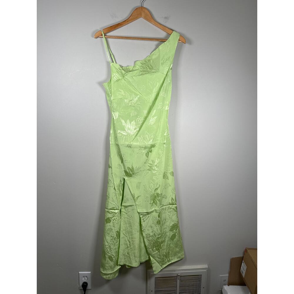 For Love & Lemons Ilana Midi Dress Green Womens Size S Satin Jacquard Side Split - Picture 2 of 10